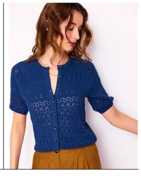 Boden Elodie Stitch Crew Cardigan Blue 100% Cotton Size Large